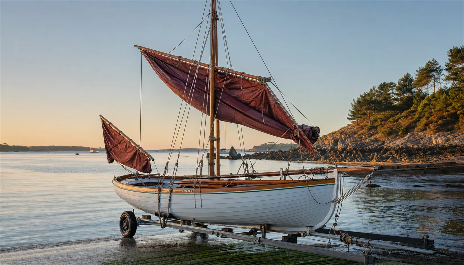 Petit voilier transportable gréé en cotre aurique près d’une cale de mise à l’eau, sur un plan d’eau côtier calme.